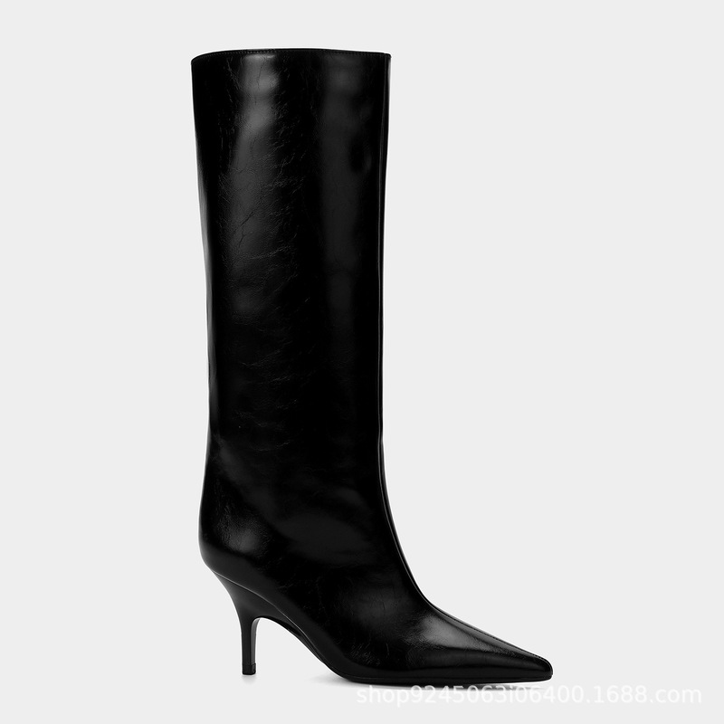 Za Black Pointed-Toe Kitten Heel Knee-High Straight Leather Boots Slip-On Slimming Knee-Length Boots for Women Cross-Border