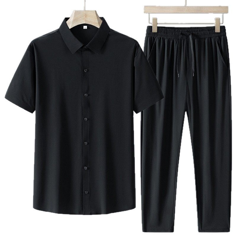 Nuevo traje de verano para hombre, seda de hielo para hombre, ropa de mangas cortas para hombre, camisa de verano para adultos mayores.