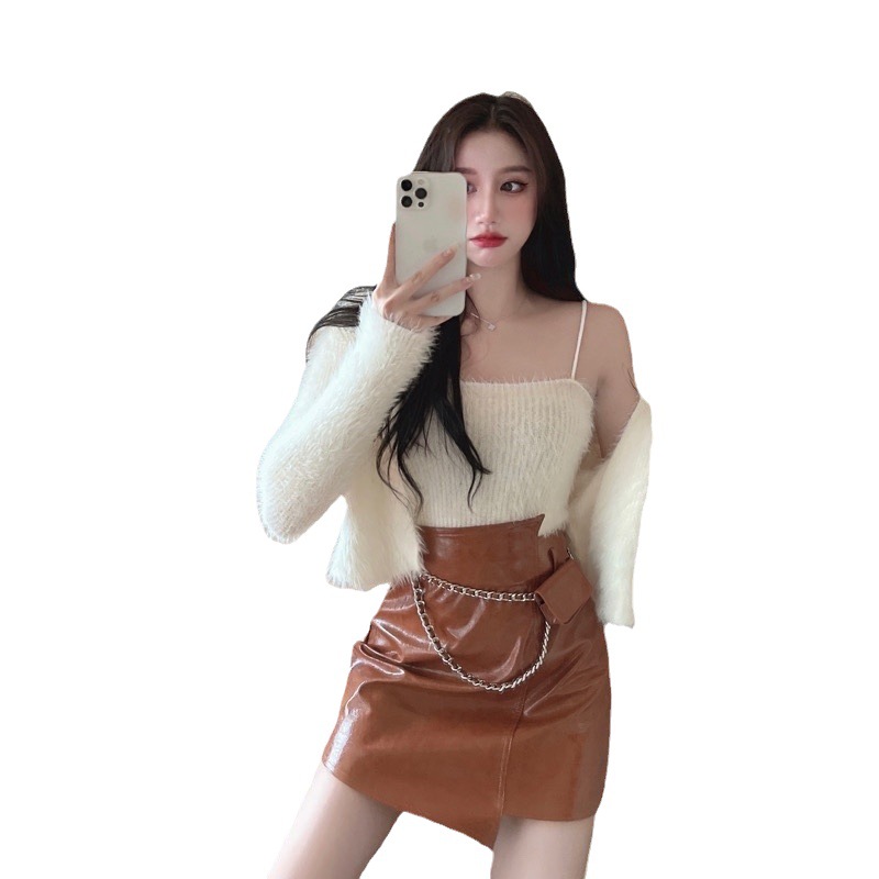 Completo lavorato a maglia in due pezzi 2024 primavera e autunno sexy tinta unita scollo a V pelliccia di visone bretelle maglione corto lavorato a maglia_voghion.com