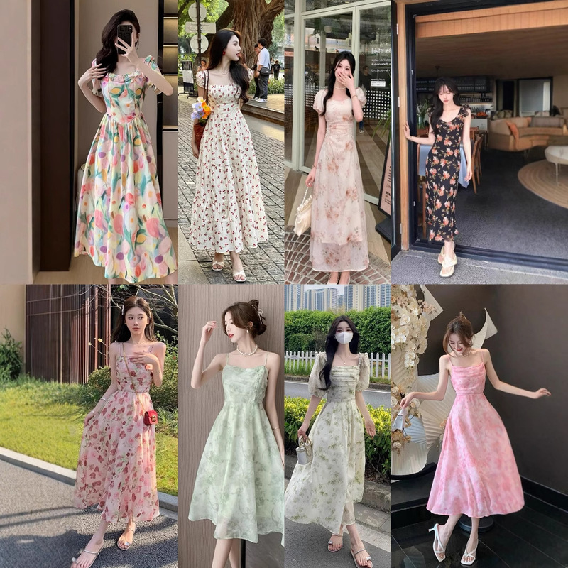 花柄スカート レディース シフォン花柄ドレス レディース 2025 夏 フレンチスイートフォレスト 初恋 優しい風 ウエストが見える|undefined