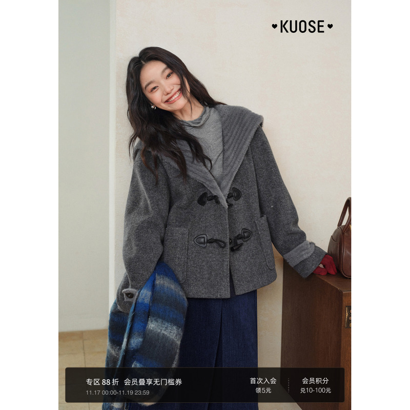 Wide Gray Lazy Shawl Cape Woolen Coat for Women, New Autumn and Winter Style for Petite Figures, Toggle Button Woolen Jacket