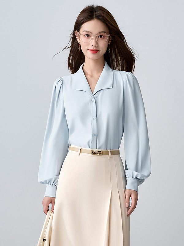 蝴蝶结蓝色衬衫女2025春秋新款通勤穿搭法式面试长袖衬衣职业上衣|undefined