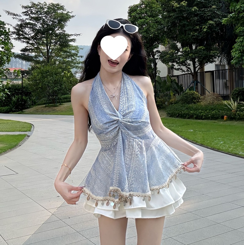 2025夏韓国風重工業気質Vネック【ビーズ加工】ツイストショート小柄ホルターネックサスペンダーバック|undefined