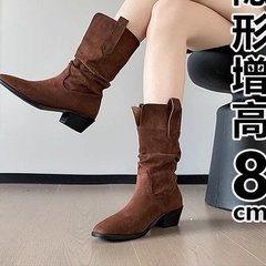内增高绒面西部堆堆靴女2025新款秋冬复古风小个子粗跟中筒马丁靴