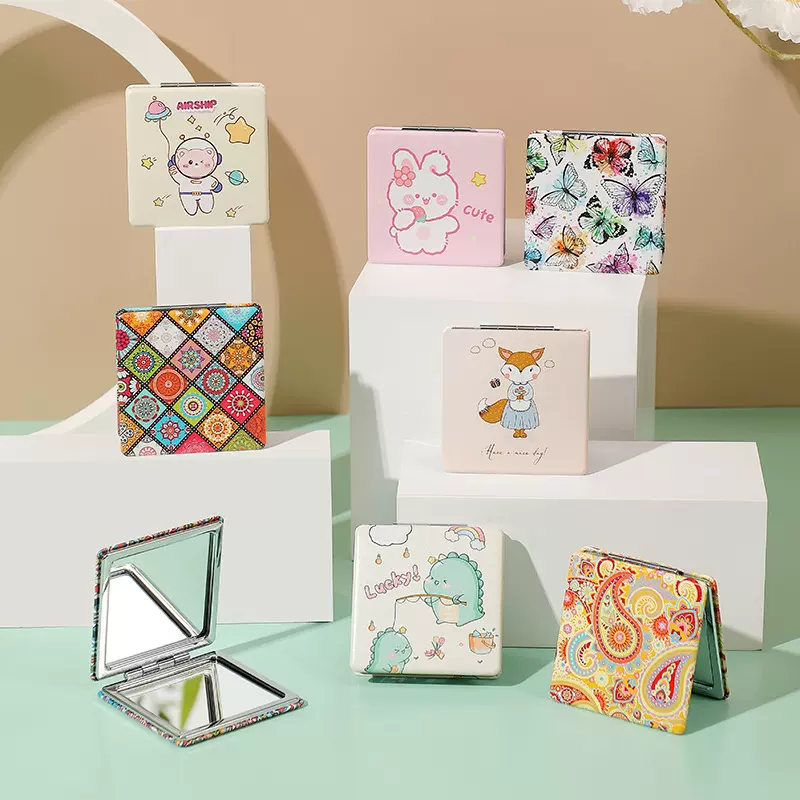 批发双面PU镜子便携美妆化妆镜随身小镜子方形手持镜皮革折叠镜子