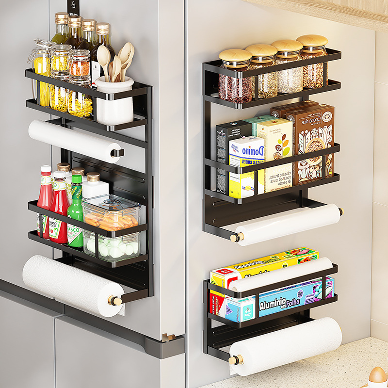 Estante de almacenamiento de absorción magnética de refrigerador sin perforación tipo pared de almacenamiento lateral condimento multifuncional percha de toallas de papel de película conservante
