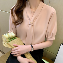 高端真丝衬衫女2026夏季新款潮流短袖系带上衣服洋气时尚气质小衫