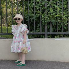 韓國童裝2023夏款女童甜美寬鬆碎花雙層花瓣短袖公主連衣裙娃娃裙