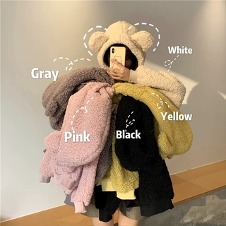 羊羔绒小熊宽松长袖卫衣女300可爱羊羔毛耳朵克仿仿杏色粉色黄色