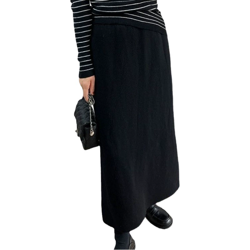[Зимняя трикотажная юбка на флисовой подкладке] с разрезом, модная женская Свободная прямая универсальная шерстяная юбка-футляр с завышенной талией