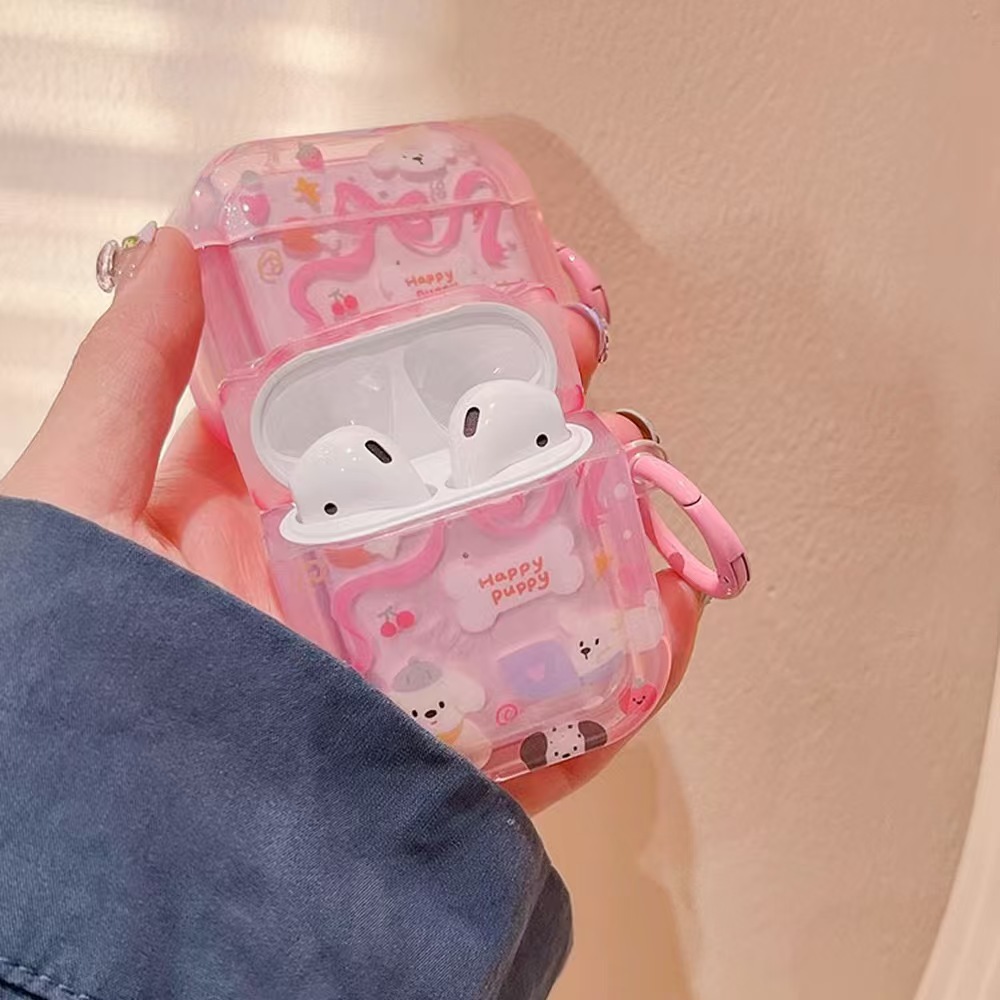 Nueva moda creativa Cinta rosa Puppy i12 Funda protectora para auriculares TPU Estuche blando anticaídas Estuche de transporte personalizado