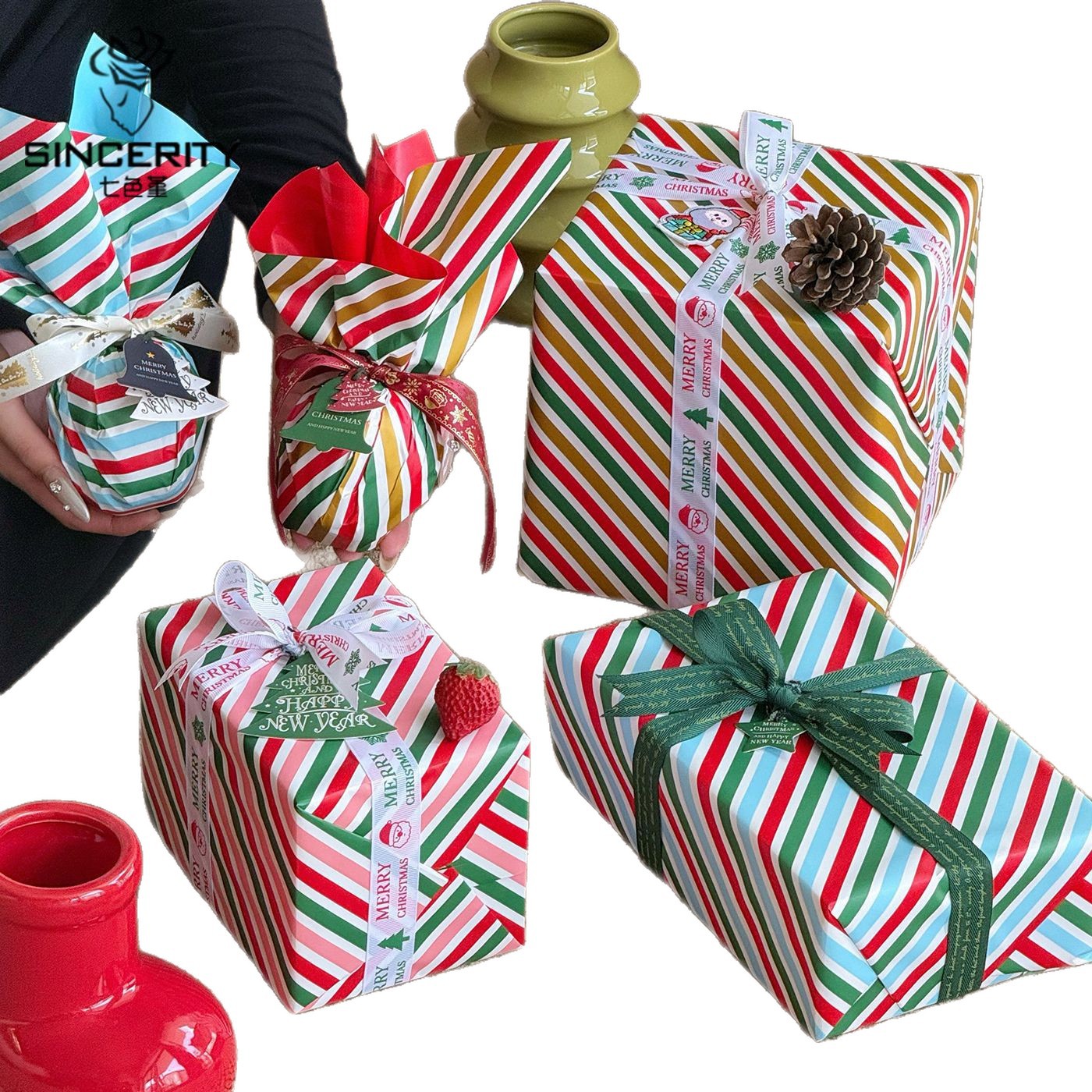 Navidad de siete colores cordier rayas de Nochebuena regalos de Navidad flor embalaje DiDi florista embalaje floral