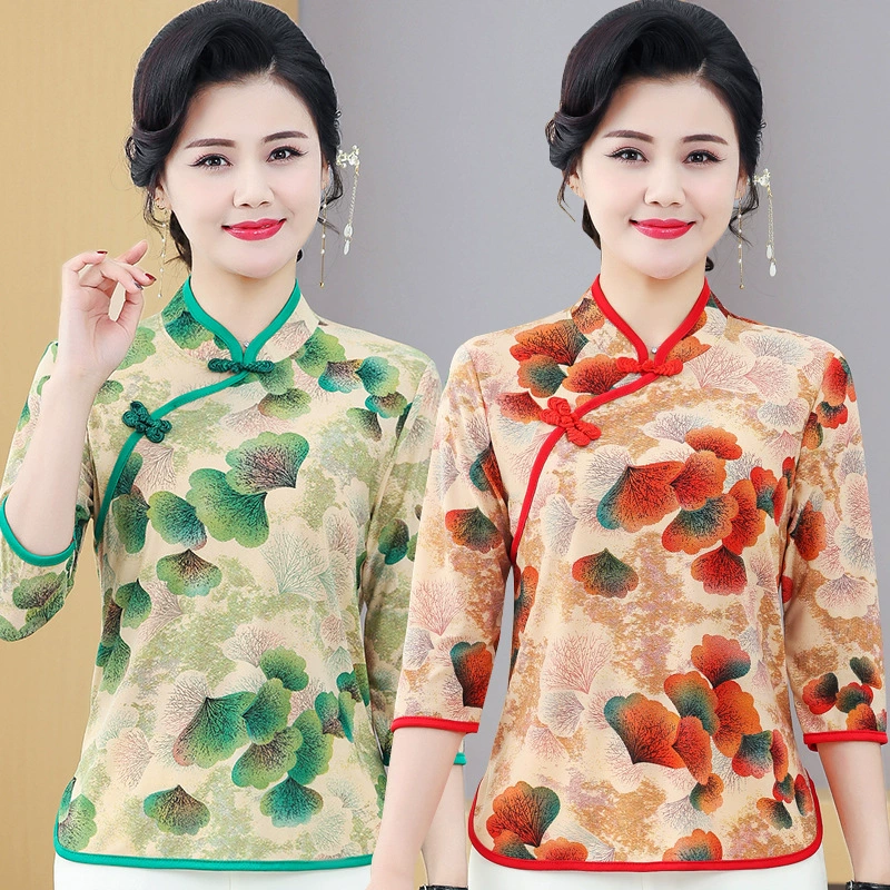 Летняя новая улучшенная женская рубашка иностранного качества, тонкая средняя и пожилая мама, топ cheongsam, ретро футболка с рукавами