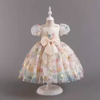 新款亚马逊欧根纱印花儿童礼服走秀花童礼服小女孩公主裙女童礼服