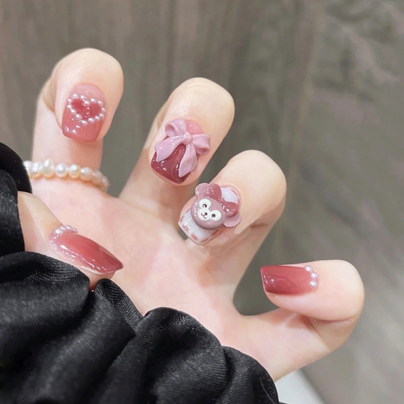 Use parche de uñas pegatina de uñas lindo corto parche de uñas falso desmontable melocotón corazón arco parche de uñas