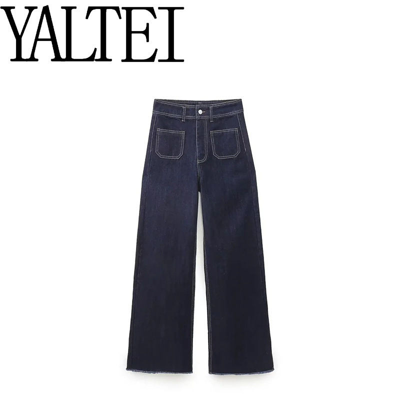 Zar2024 Autumn New Women's Navy Style Pocket Decoration Loose Straight-Leg High Waist Jeans 9632250