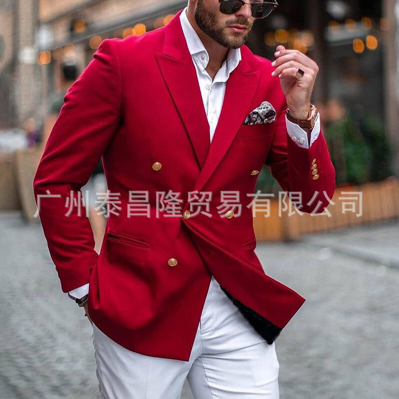 Wish Amazon Explosions Autumn and Winter Men's Woolen Jacket Suit Double-breasted Slim-fit Red Lapel Casual Men's Wear