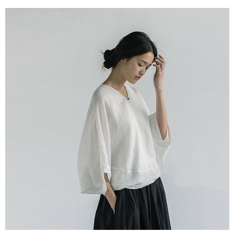 Artistic Ramie Batwing Sleeve Pullover T-Shirt V-Neck Loose Artistic Summer Top Women's Shirt