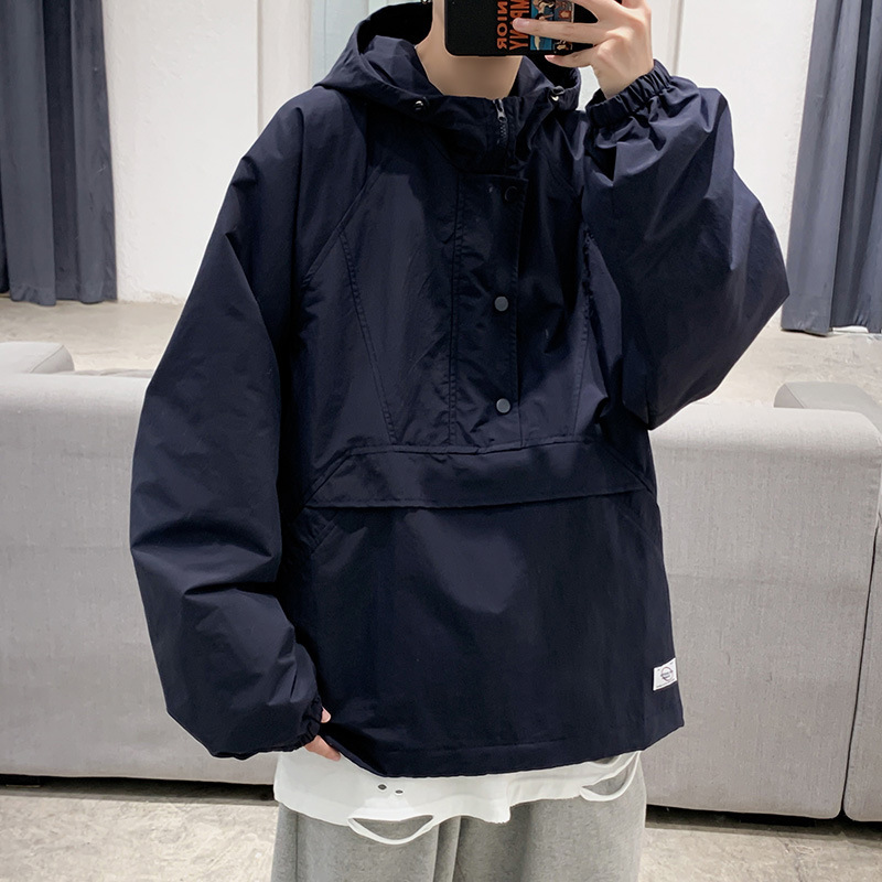 가을과 겨울 풀오버 재킷 남성 후드 하프 지퍼 느슨한 홍콩 스타일 패션 브랜드 일본 스타일 단색 중공업 유행 유행 유행 코트