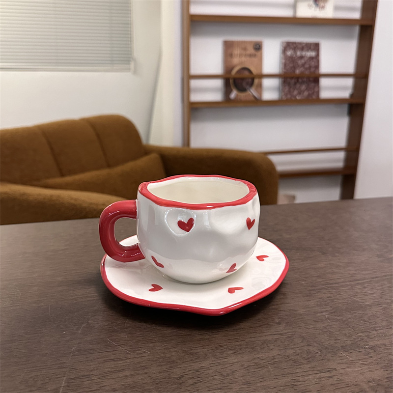 Tazas y platos de cerámica de flores retro de estilo coreano, tazas y platos de café irregular pellizcado a mano, tazas y platos de té de la tarde