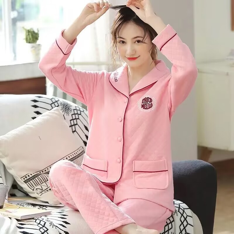 100% algodón Otoño e Invierno sándwich pijamas mujeres aire algodón espesado manga larga estilo coreano Delgado acolchado engrosado homewear