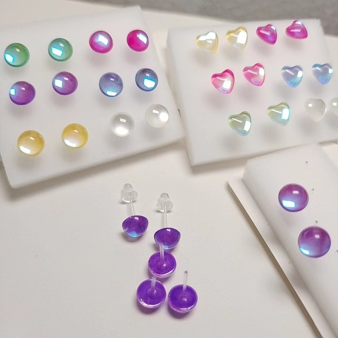 新款玻璃树脂耳钉塑料耳针水晶半边珠光彩色洋气耳钉耳饰批发