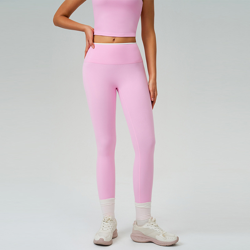 Pantalones deportivas desnudos transfronterizos color contrastante cintura alta velocidad pantalones deportivos de piernas anchas para correr pantalones de fitness 9238