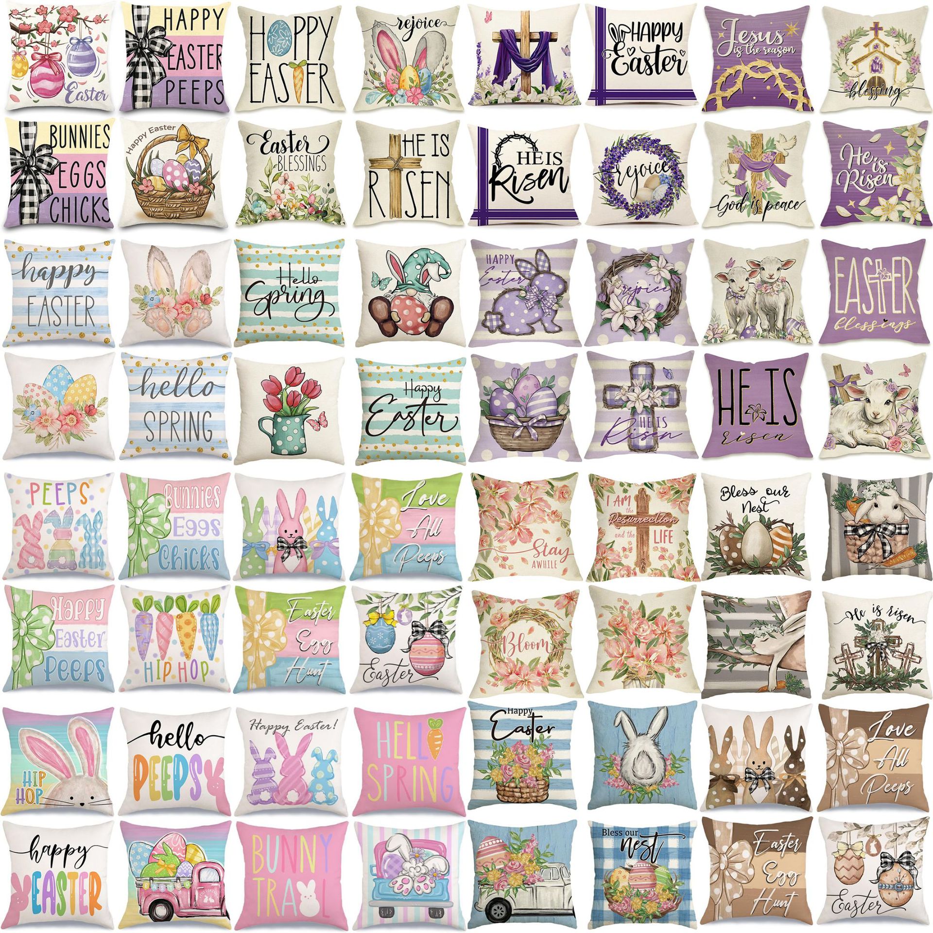 Cross-Border Easter Pillowcase with Colorful Eggs, Rabbits, Floral Designs, Church, Holiday, Home Sofa Decoration, Linen Pillowcase
