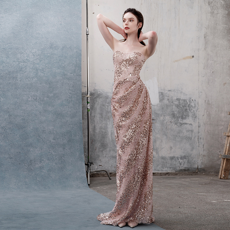 Elegant French Style Light Luxury Sequined Strapless Evening Gown Sophisticated Mermaid Style Engagement Dress for Women Hostess Banquet Toast_ecoleips.com