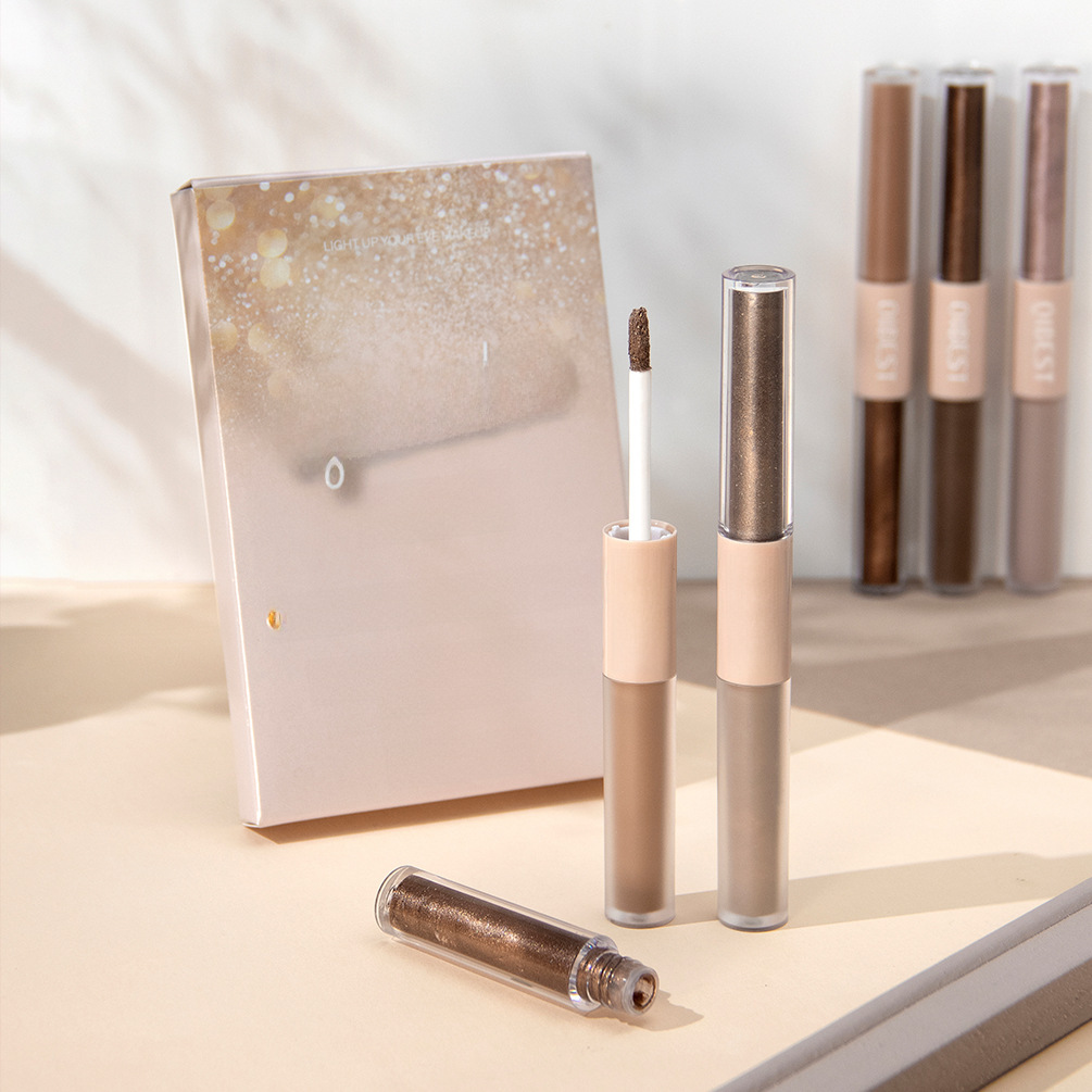 QIBEST Double Head Liquid Eyeshadow Pearlescent Matte Fine Glitter Film Natural Brightening Highlight Eyeshadow Liquid Makeup Set