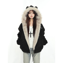 美式复古毛领兔耳座山雕棉服女2025冬季新款宽松时尚加厚保暖棉衣