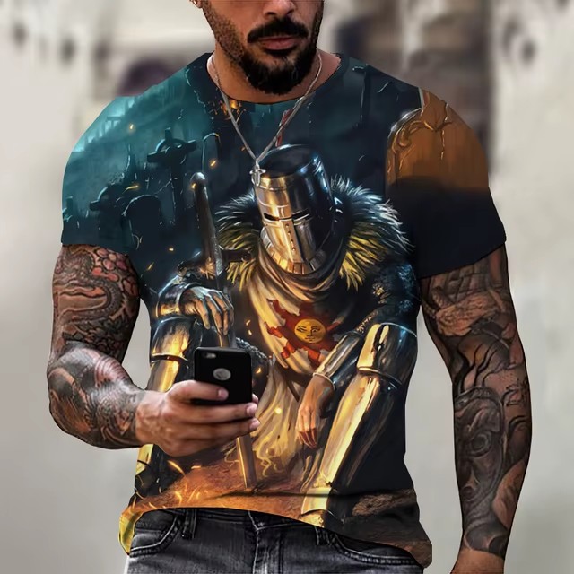 Marco de la cruz roja espadachín impresión digital 3D verano calle alta salvaje suelta cuello redondo manga corta transpirable camiseta de hombre