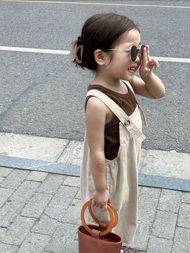  Summer Unisex Kids Korean Style Halter Loose Wide Leg Shorts Bodysuit with 7/8 Straps + Sleeveless Top, Separate Photos