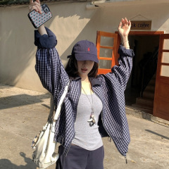 韩系高级感格子外套女2025秋季新款polo领撞色宽松长袖拉链上衣潮