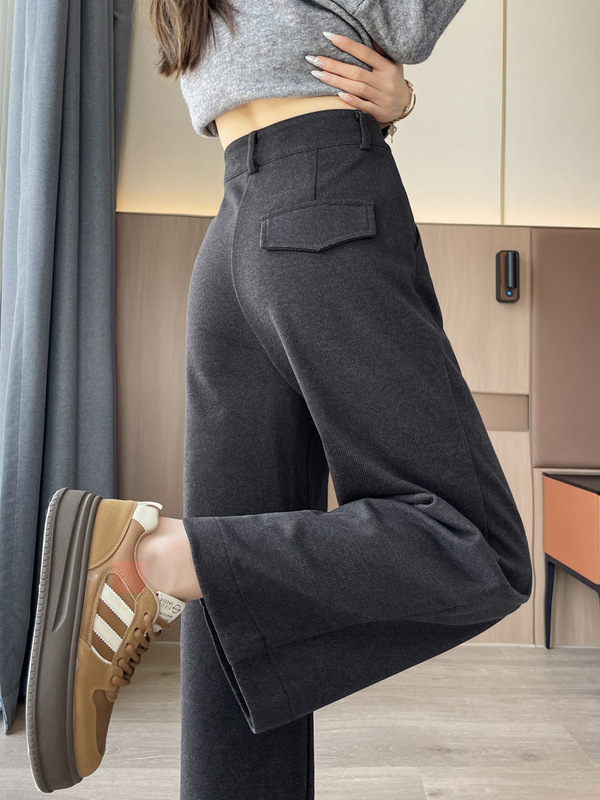 Fleece-Lined Thick Gray Woolen Suit Pants for Women, Autumn and Winter, Petite High-Waisted Straight Loose Drape Cropped Wide-Leg Pants