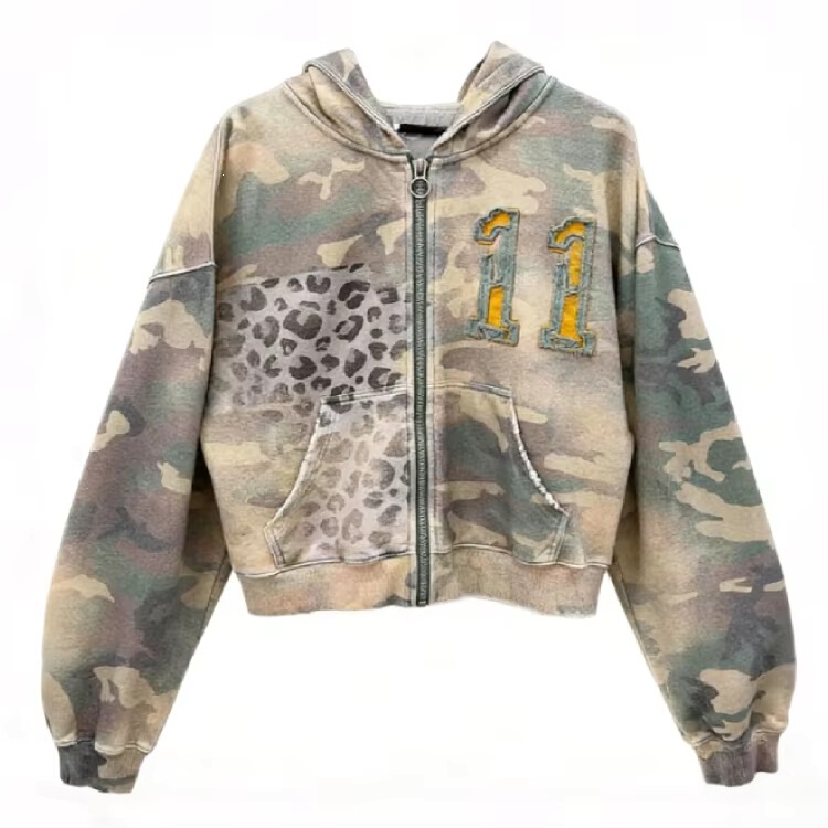 2026 Cross-Border Camouflage Hoodie Acid Washed Distressed Zipper Hoodie High-Quality Vintage Sweatshirt
