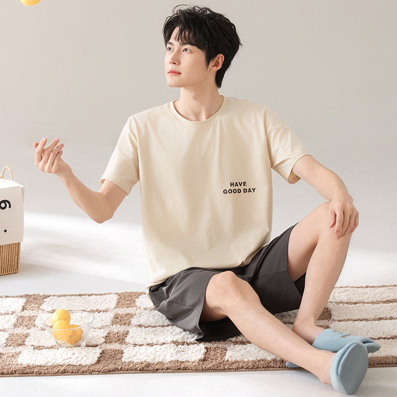 100% 純綿パジャマ男性半袖夏の薄いタイプの青少年カジュアルでゆったりした綿100% の家庭服セット