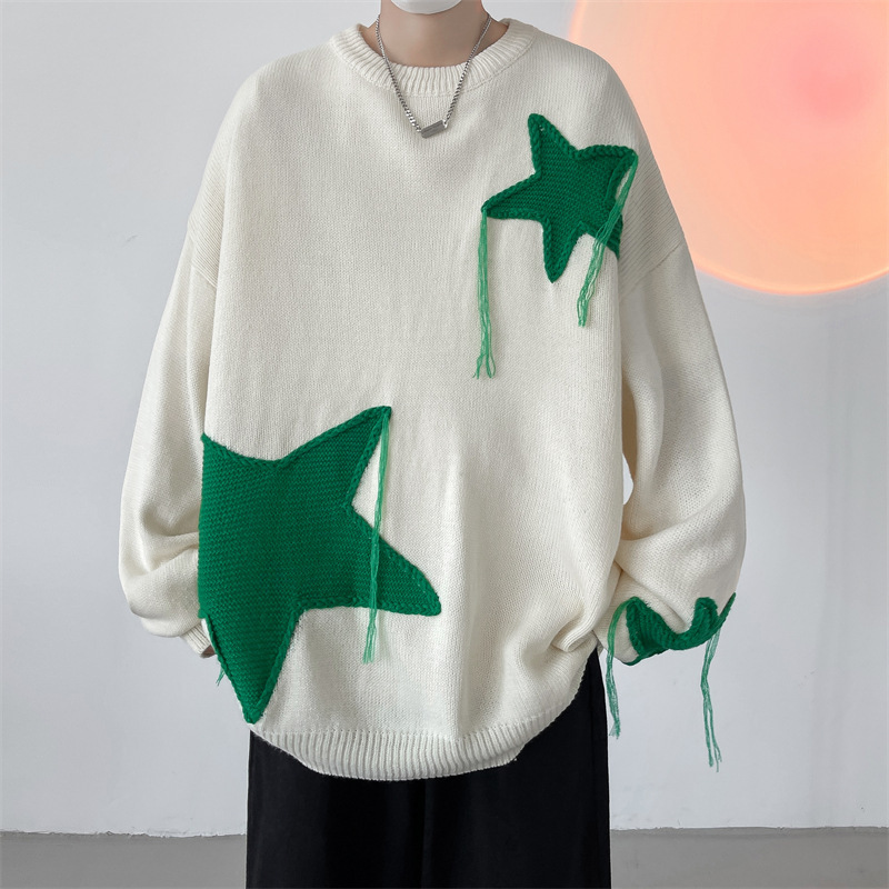 Design Star Sweater Men's Autumn and Winter Japanese Style BF Lazy Style Knitted Sweater Couple's Trendy Loose Inner Top