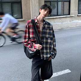 蓝红色格子衬衫男款春秋季潮牌美式复古格纹衬衣拼接撞色上衣外套