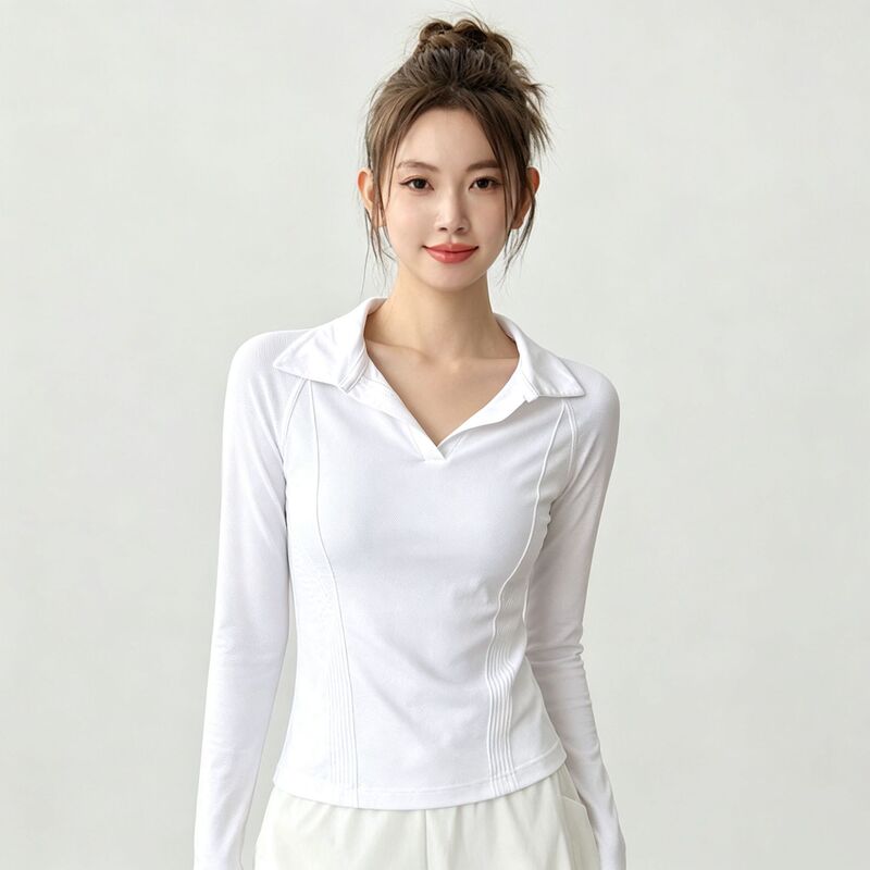 Sports long-sleeve slim-fit V-neck tennis polo shirt, casual yoga wear, T-shirt for Pilates, running, training, and fitness