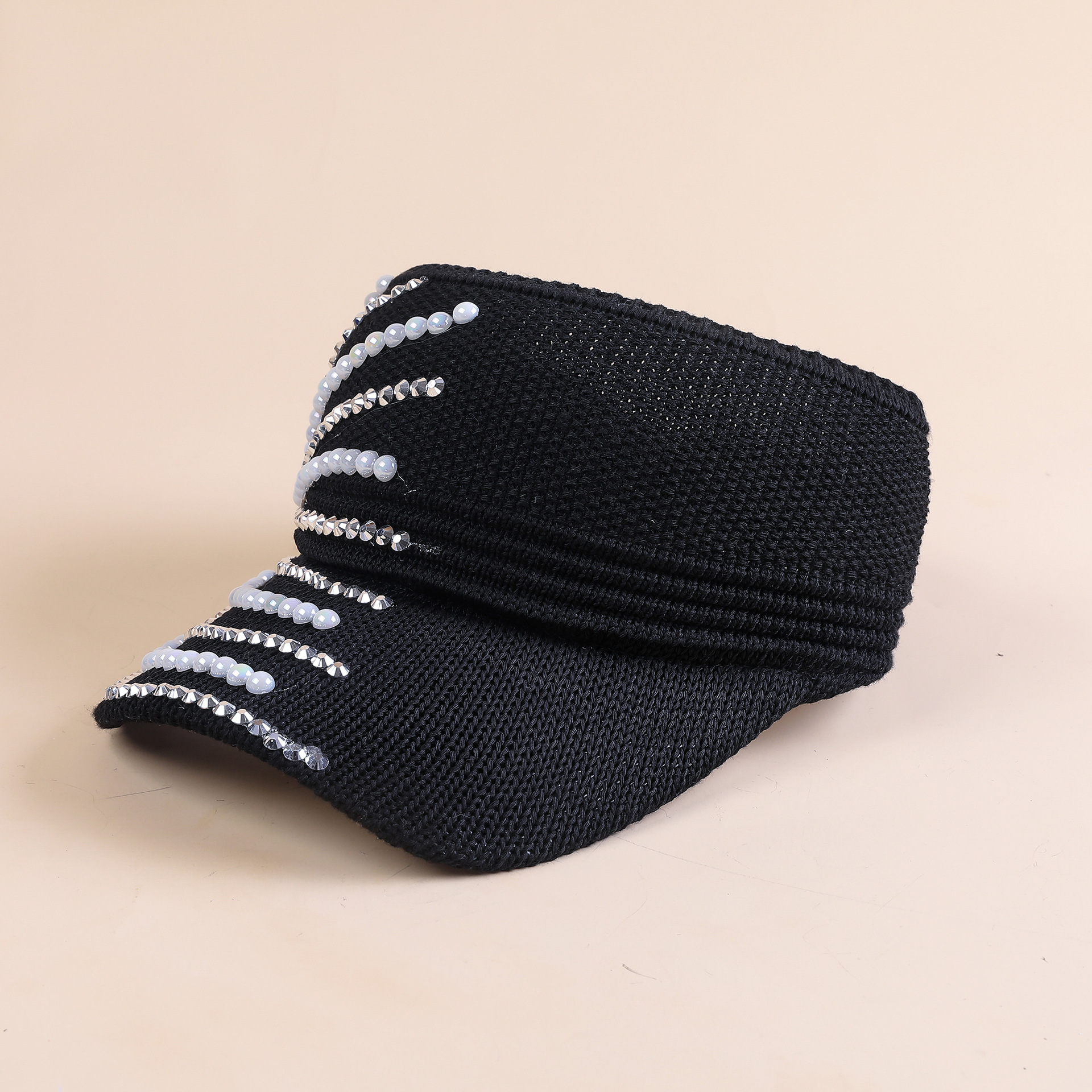 Nueva moda sombrero de punto perla diamante verano protección solar estilo coreano sombrero de tapa vacía de las mujeres