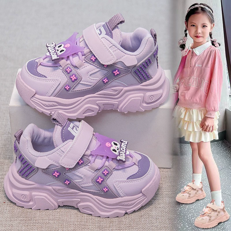 Детские кроссовки для девочек весна-осень 2025: новые кожаные водонепроницаемые кроссовки в стиле «папиных» для детей постарше, модель Kuromi