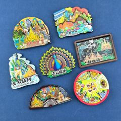 【西双版纳】中国特色景点旅游纪念品木质三层滴胶磁力冰箱贴批发