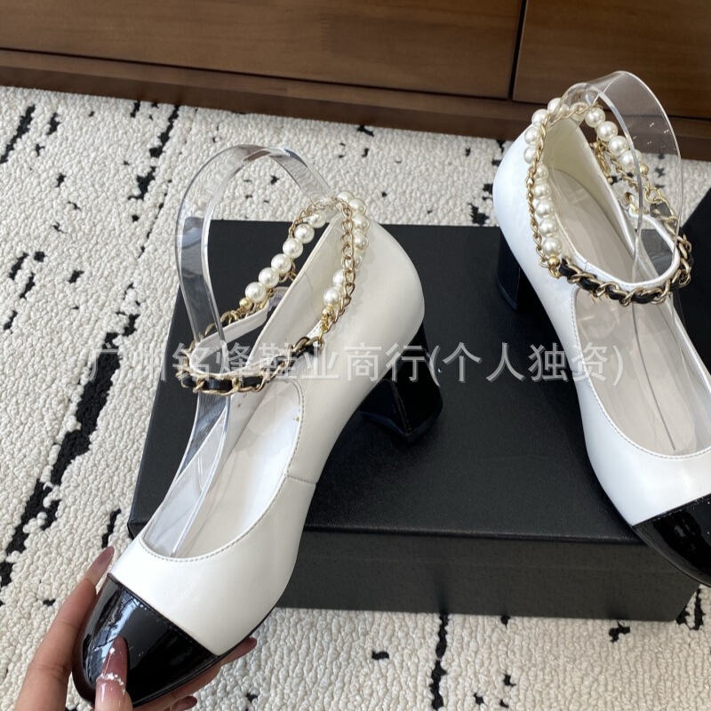 小香风真皮金属链条粗跟玛丽珍鞋女25时尚圆头拼色休闲珍珠单鞋潮|undefined