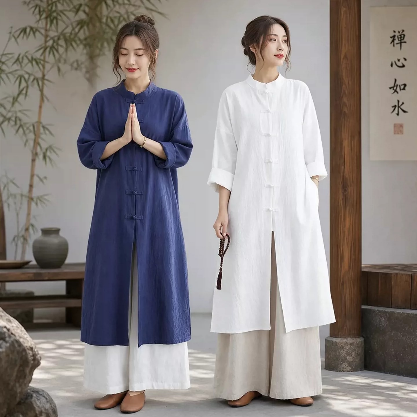 居士服女款棉麻中长款上衣新中式唐装太极拳练功禅意禅佛系男套装