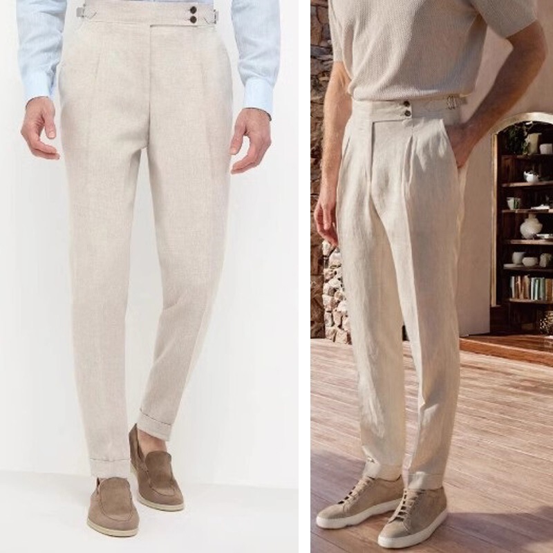 Summer British Italian Retro Cotton and Linen Large Size Trousers for Men Naples High Waist Straight Business Casual Pants