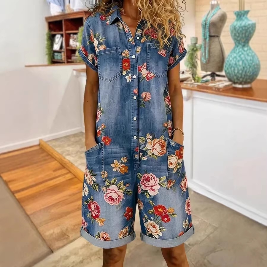 Women's Casual Faux Denim Jumpsuit - 2026 Spring/Summer New Arrival on European and American Independent Websites, Amazon, and AliExpress