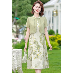 Mom's Summer Dress, Large Size Short-Sleeved Dress Two-Piece Set, 40 and 50 Years Old, Middle-Aged and Elderly Women's Chinese Style Chiffon A-Line Skirt