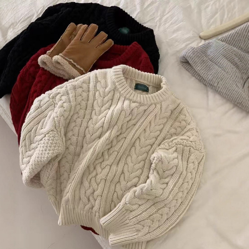 Chunky Knit Heavy-Duty Cable Knit Round Neck Pullover Sweater for Women, New Autumn and Winter Korean Style Loose and Stylish Lazy Knit Top