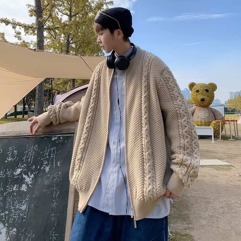 Hermoso y versátil color sólido patrón de piña manga larga tejido hombre estilo Hong Kong retro waffle cardigan chaqueta otoño ropa casual